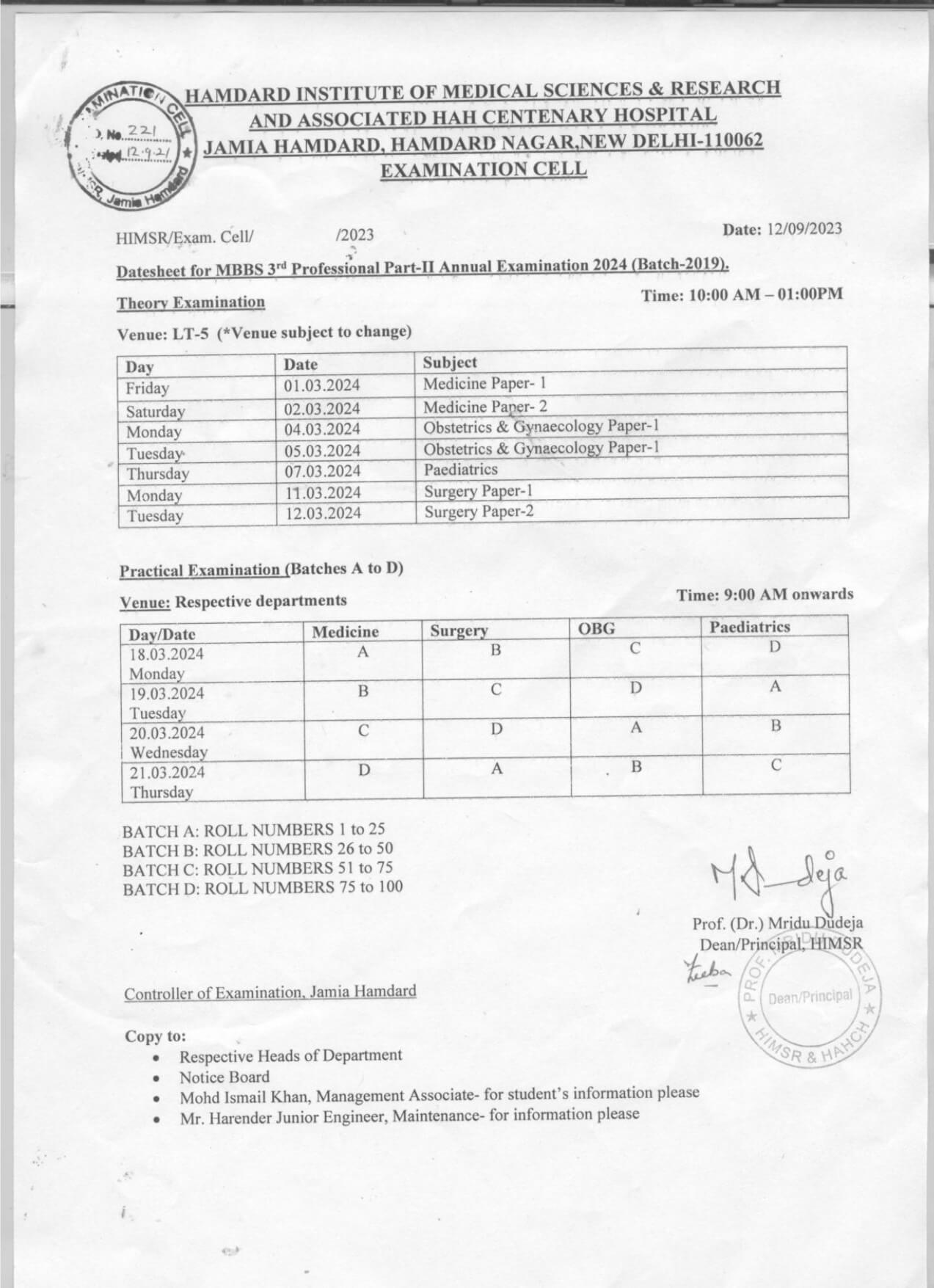 Datesheet of MBBS 3rd Professional Part-II Annual Examination 2024 ...